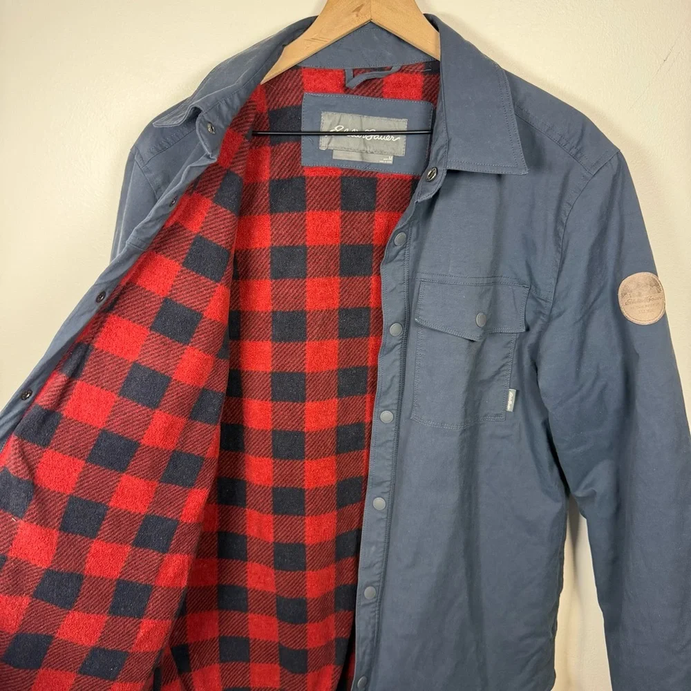 Eddie Bauer Snap Jacket Flannel Lined Men’s Size M Blue Outdoor Hiking Camping